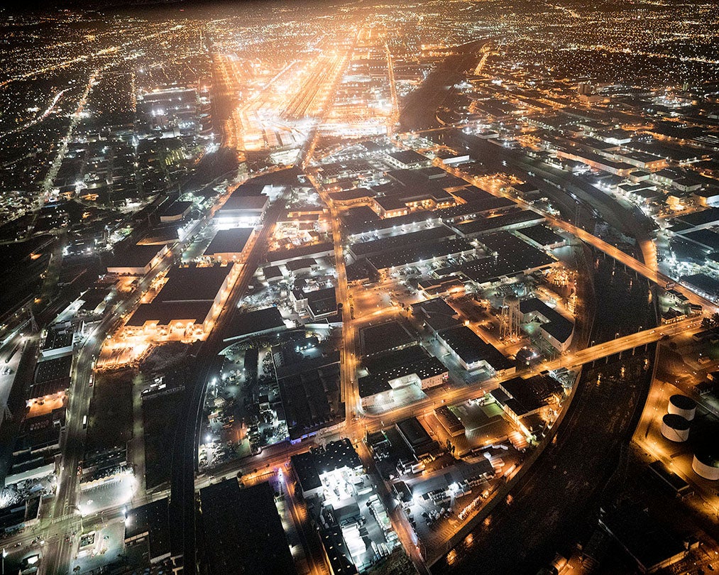 L.A. River Looking East at Soto and Bandini, BNSF Intermodal Port Facility Beyond, Los Angeles, CA  2016