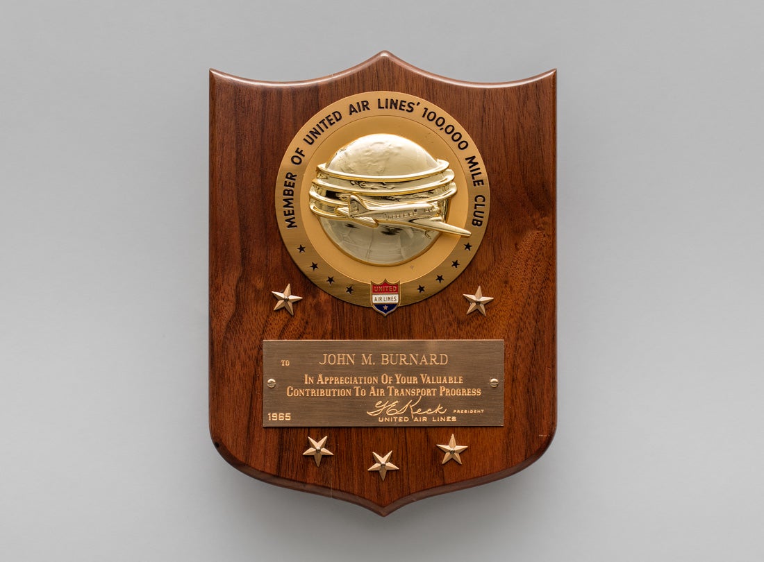 United Air Lines 100,000 Mile Club member plaque  1965