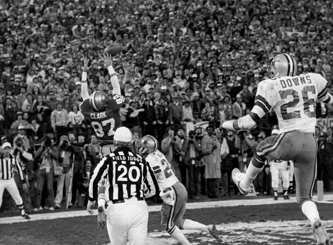 “The Catch”: Wide receiver Dwight Clark reaches for a touchdown reception during the final minute of a 28-27 NFC Championship victory over the Dallas Cowboys at Candlestick Park  January 10, 1982