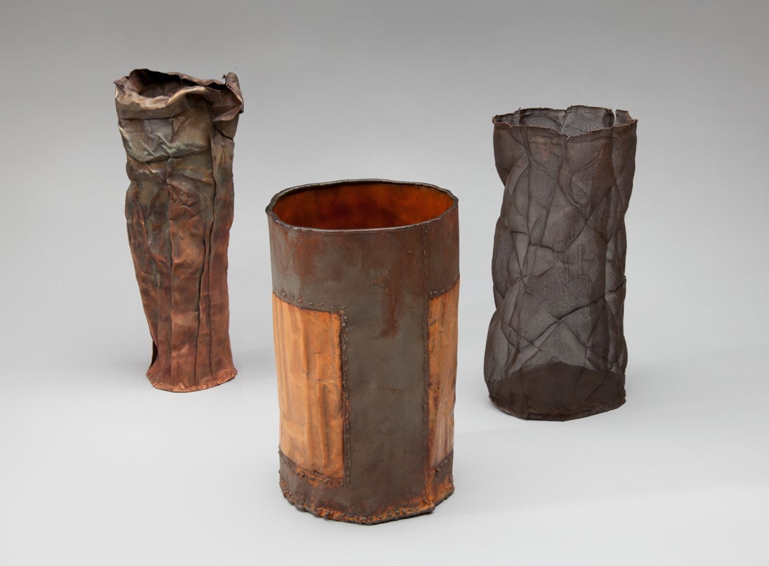 Vase (#2279)  2005 June Schwarcz (b. 1918) electroformed copper mesh, black and red-brown patina L2013.2601.022  Vase (#1060)  1990 June Schwarcz (b. 1918) electroformed copper foil, dark orange and pink enamel interior, gold enamel and rusted-iron bands exterior L2013.2601.042  Vase (#2331)  2007 June Schwarcz (b. 1918) electroformed copper mesh, black patina L2013.2601.023