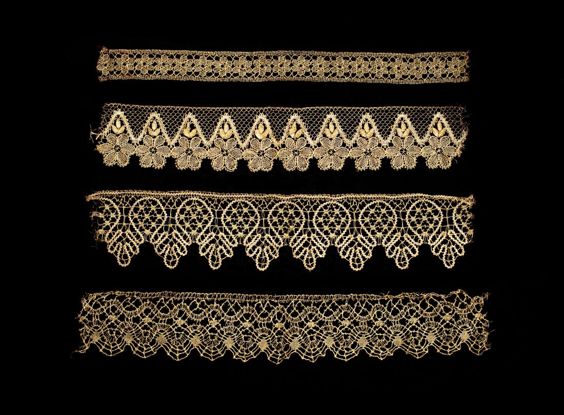Edgings  late 1800s–early 1900s metallic gold bobbin lace France Collection of Lacis Museum of Lace and Textiles, Berkeley, CA JTB23789 L2013.3501.057, JTB23779, JTB23791, JTB23775 L2013.3501.057, 058, .059, .095