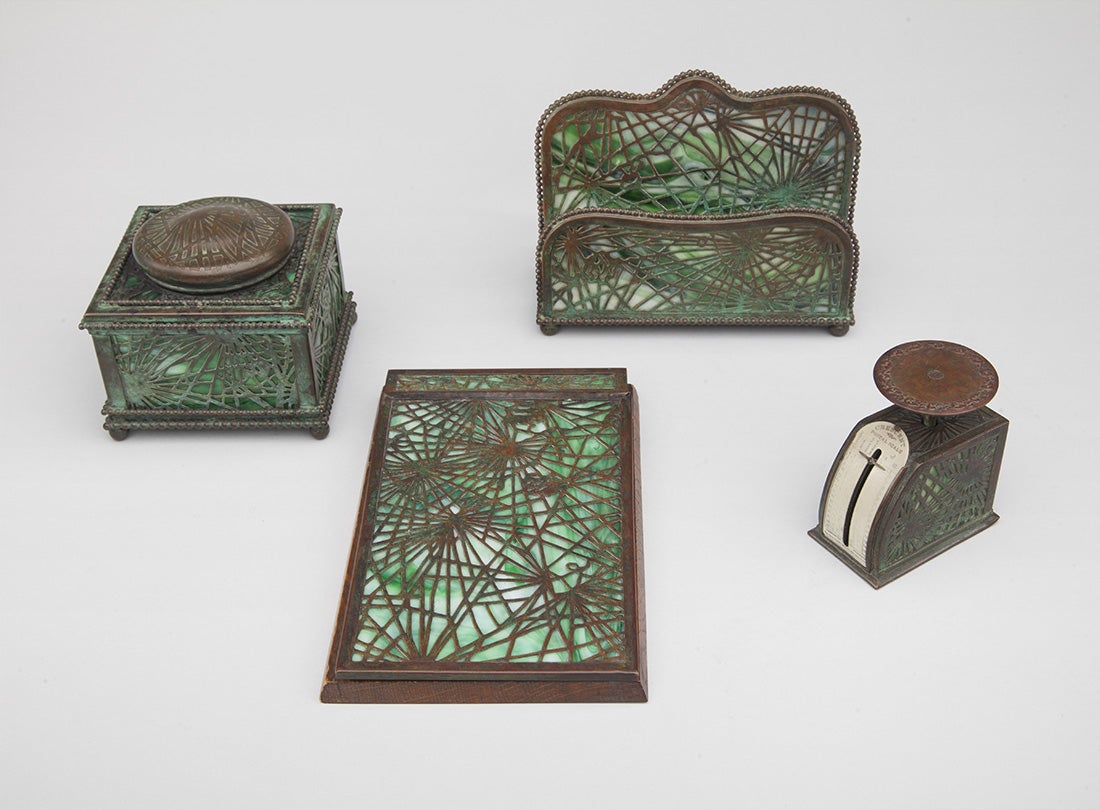 Pine needle desk set items  c. 1902–20s