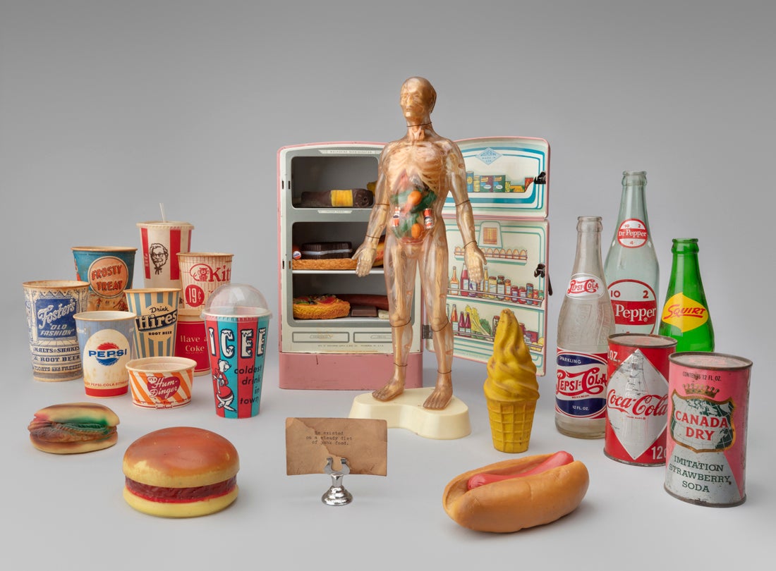 He existed on a steady diet of junk food  1982 Mickey McGowan (b. 1946) Visible Man model, miniature fake food, toy refrigerator, fake food L2023.0301.067.01-.04, .32–.55  Food packaging and fake food  1950s–70s various makers L2023.0301.067.05–.31  All objects are courtesy of Mickey McGowan, Unknown Museum Archives