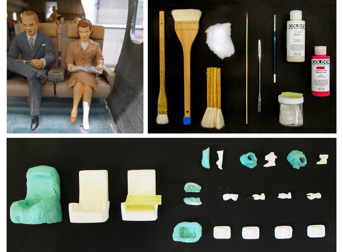Conservation photographs, tools, molds, and materials
[upper left] Plaster leg treatment photograph
[upper right] Brushes, Cotton, Bamboo skewer, Spatula, Paint brush, Jar with plaster, and Acrylic paints
[above] Plaster castings
[below] Pretreatment photograph