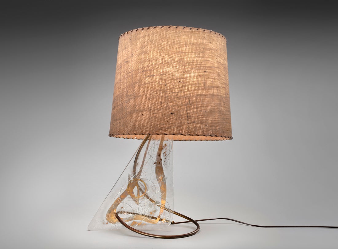 Table lamp  c. 1950 Zahara Schatz (1916–99) Berkeley, California Plexiglas, brass tubing, copper, aluminum, screen, straw Courtesy of the Modern i Shop L2022.0601.045a–b