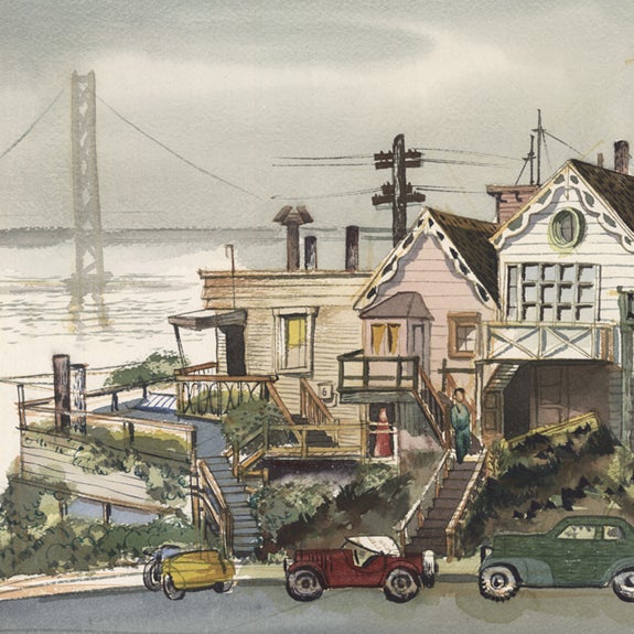 Bay Bridge, San Francisco  c. 1940s  Jake Lee (1911–91) Courtesy of Nick Johnson, California Watercolor