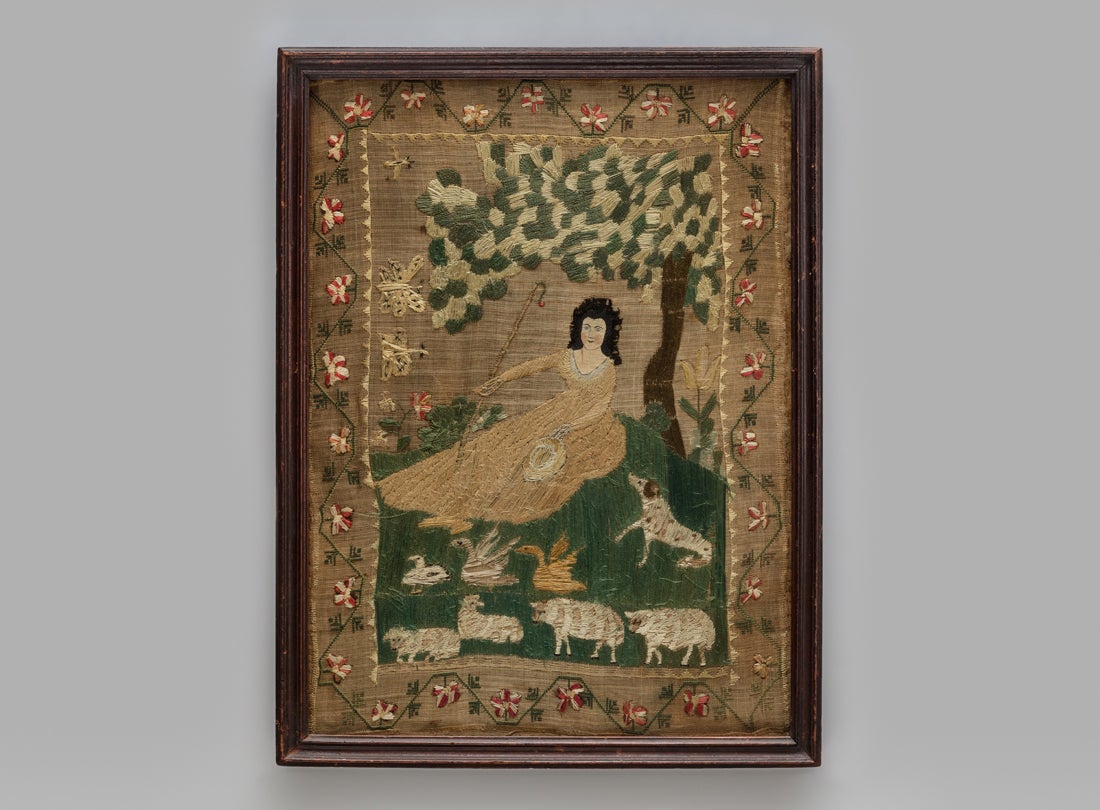 Embroidered pastoral scene  late 1700s