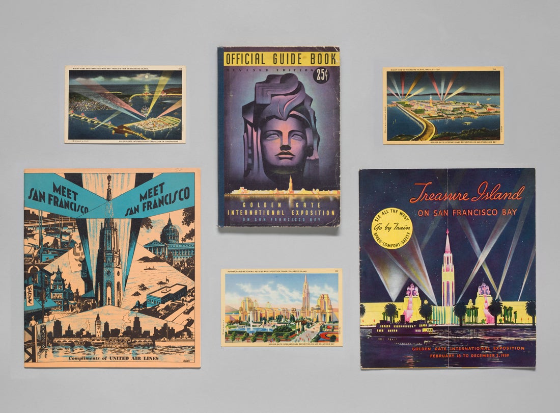 United Air Lines Meet San Francisco brochure  1939, GGIE Exposition guide book  1939, GGIE postcards  1939, Northern Pacific Railway GGIE tour brochure  1939