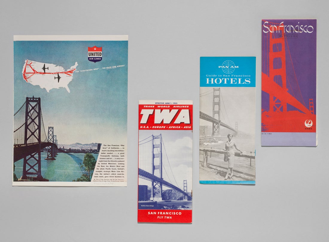United Air Lines magazine advertisement  1944, TWA timetable  1953, Pan Am San Francisco tourist brochure  1960, Japan Air Lines San Francisco guide  1967 