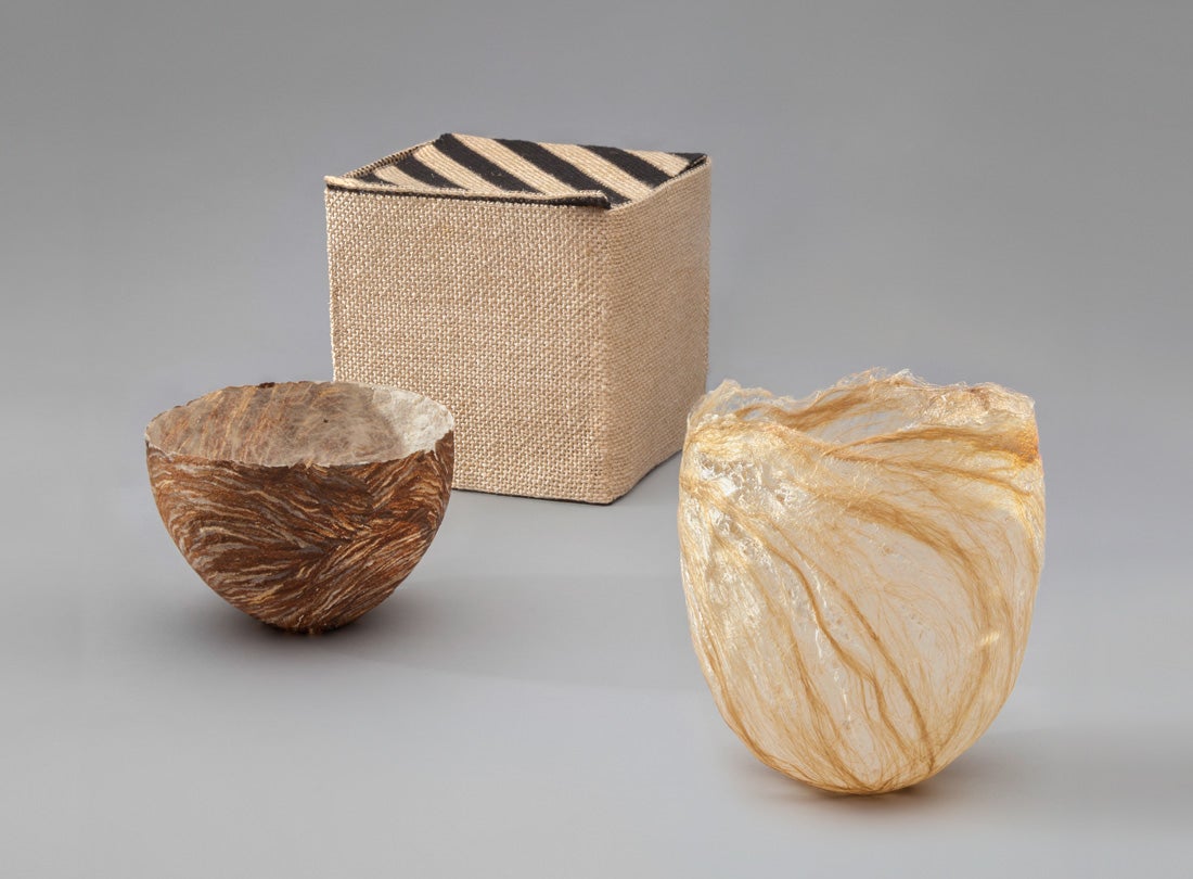 Box  1975 Kay Sekimachi (b. 1926) natural and dyed woven linen, five-layer weave and doubleweave pick-up L2013.2601.060  Bowl  c. 1993 Kay Sekimachi (b. 1926) brown hornet’s nest paper laminated with handmade Japanese Kozo paper, formed from teak bowl produced by Bob Stocksdale L2013.2601.068.01  Bowl  c. 2009 Kay Sekimachi (b. 1926) undressed flax bonded with gel medium L2013.2601.055