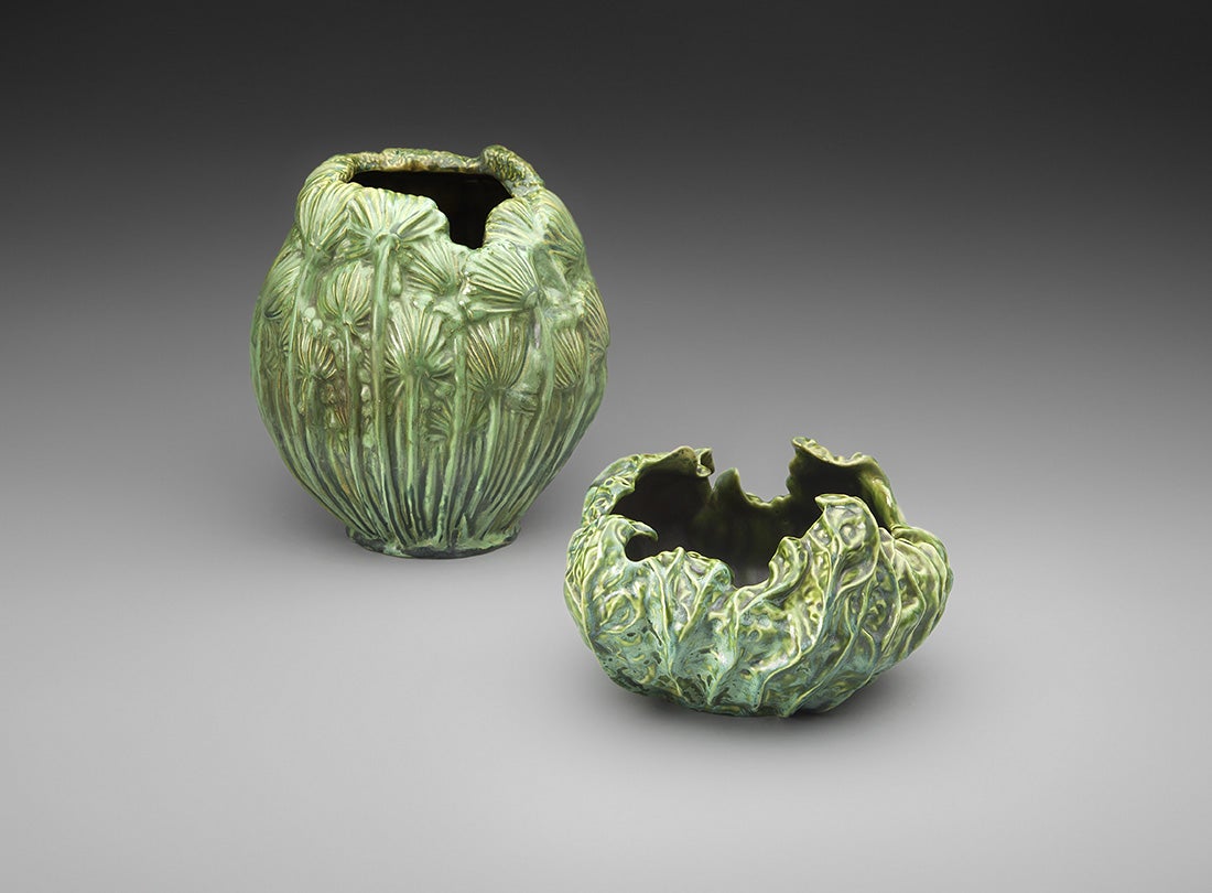 Queen Anne’s lace vase  1905–17; Cabbage leaf bowl  1905–17