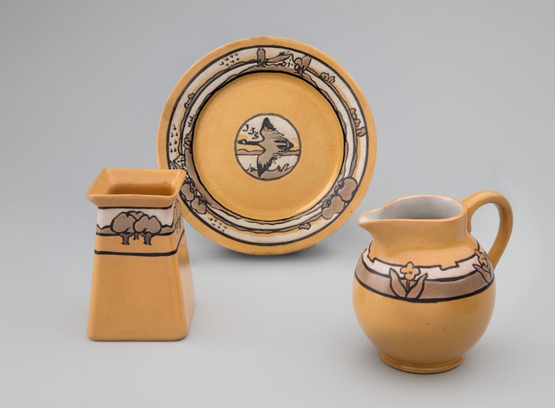 Square vase with trees  1919, Duck plate  1924, Floral pitcher  1919