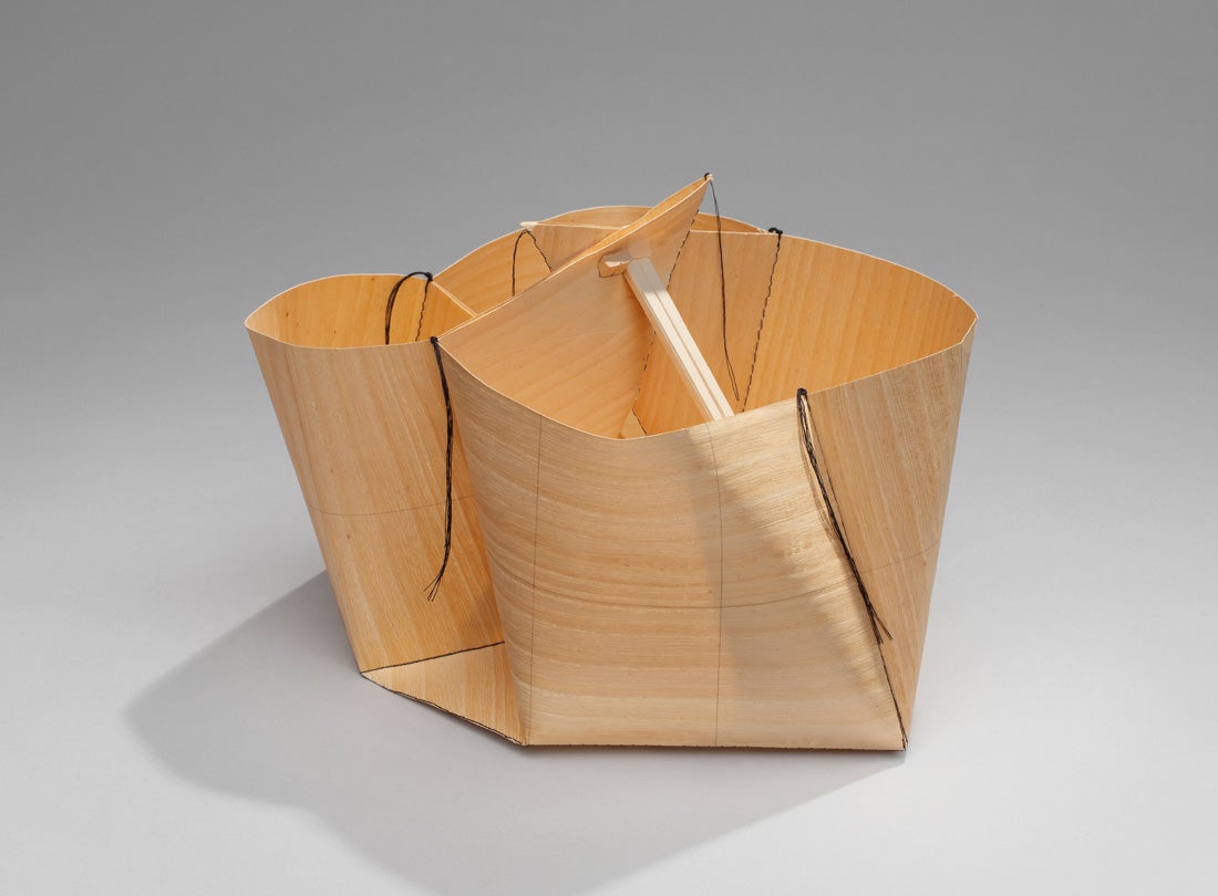 Kiri IV #1  1993 Kay Sekimachi (b. 1926) Kiriwood paper laminated to silk tissue, stitched and folded; chopstick handle L2013.2601.054