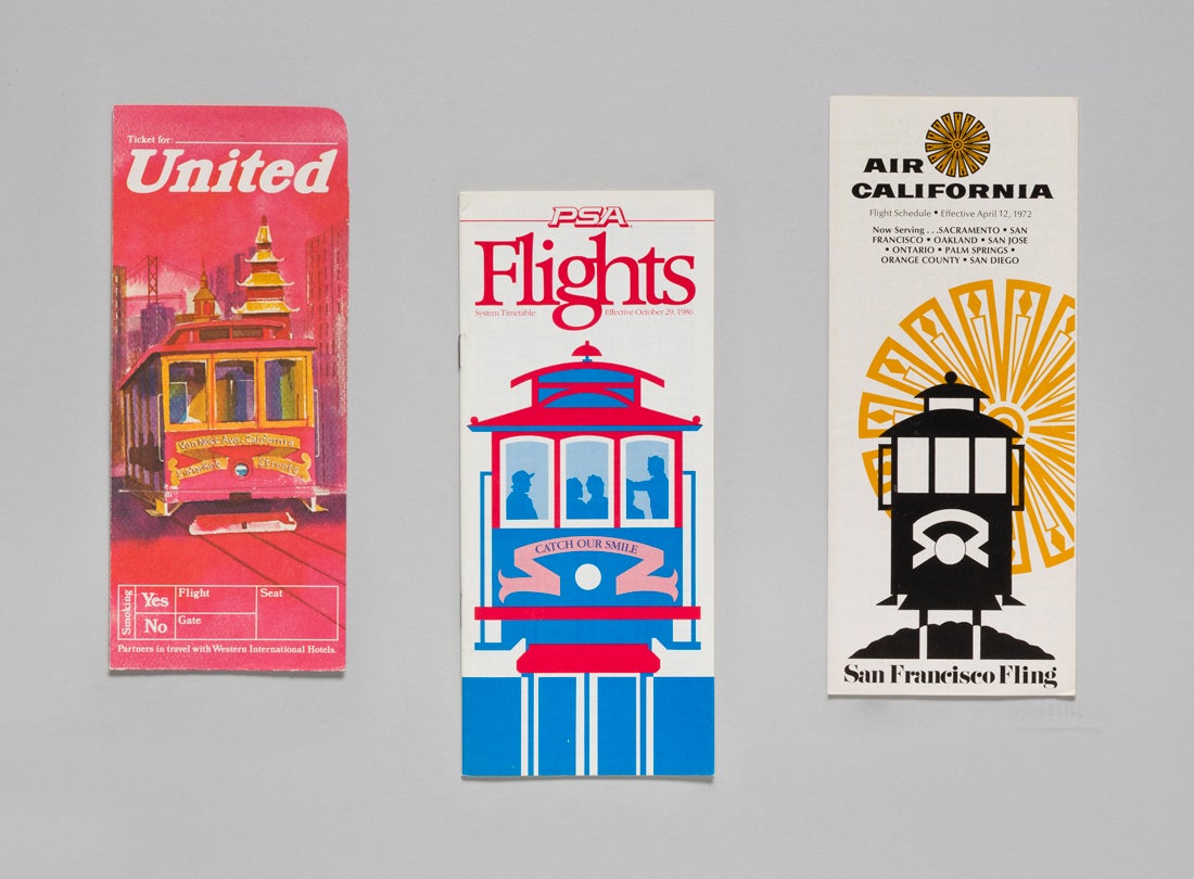 United Air Lines ticket jacket  1974, PSA timetable  1986, Air California timetable  1972