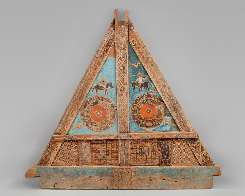 Granary façade  early to mid-1900s Toraja peoples Tondon Village, Sulawesi, Indonesia carved and painted wood