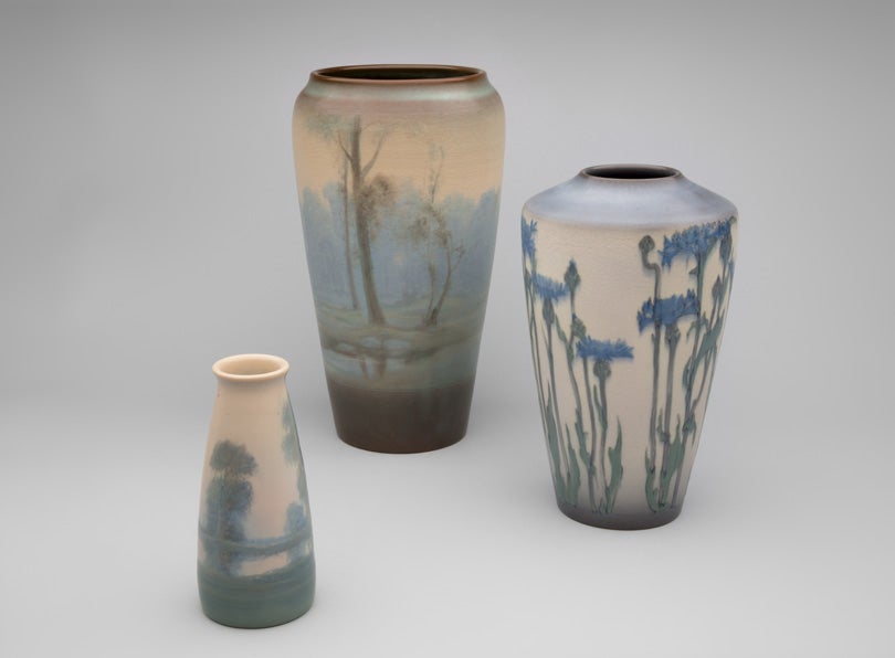 Small scenic vase  1924, Large scenic vase  1916, Vase with flowers  1916
