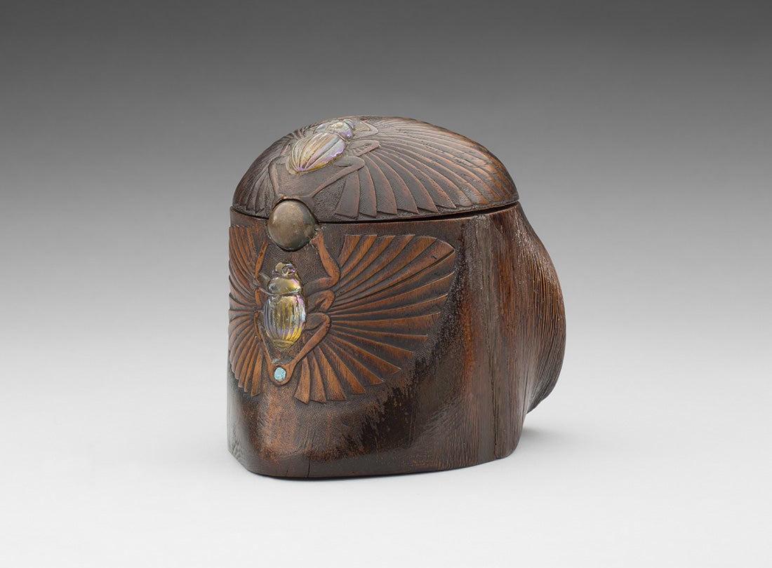Scarab humidor  c. 1905  Tiffany Studios  New York  wood, Favrille,  glass Courtesy of Michaan’s Auctions, Alameda, CA L2014.2901.011