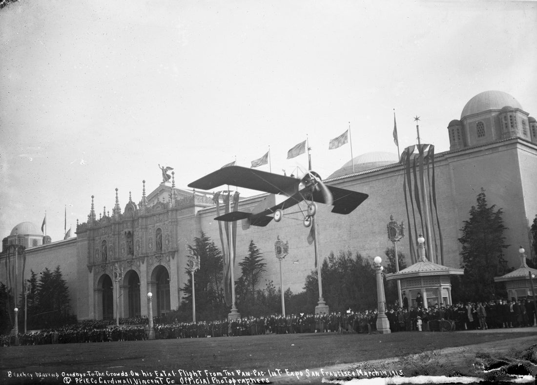 Lincoln Beachey waving to the crowd from his monoplane at the Panama-Pacific International Exposition, San Francisco  March 14, 1915