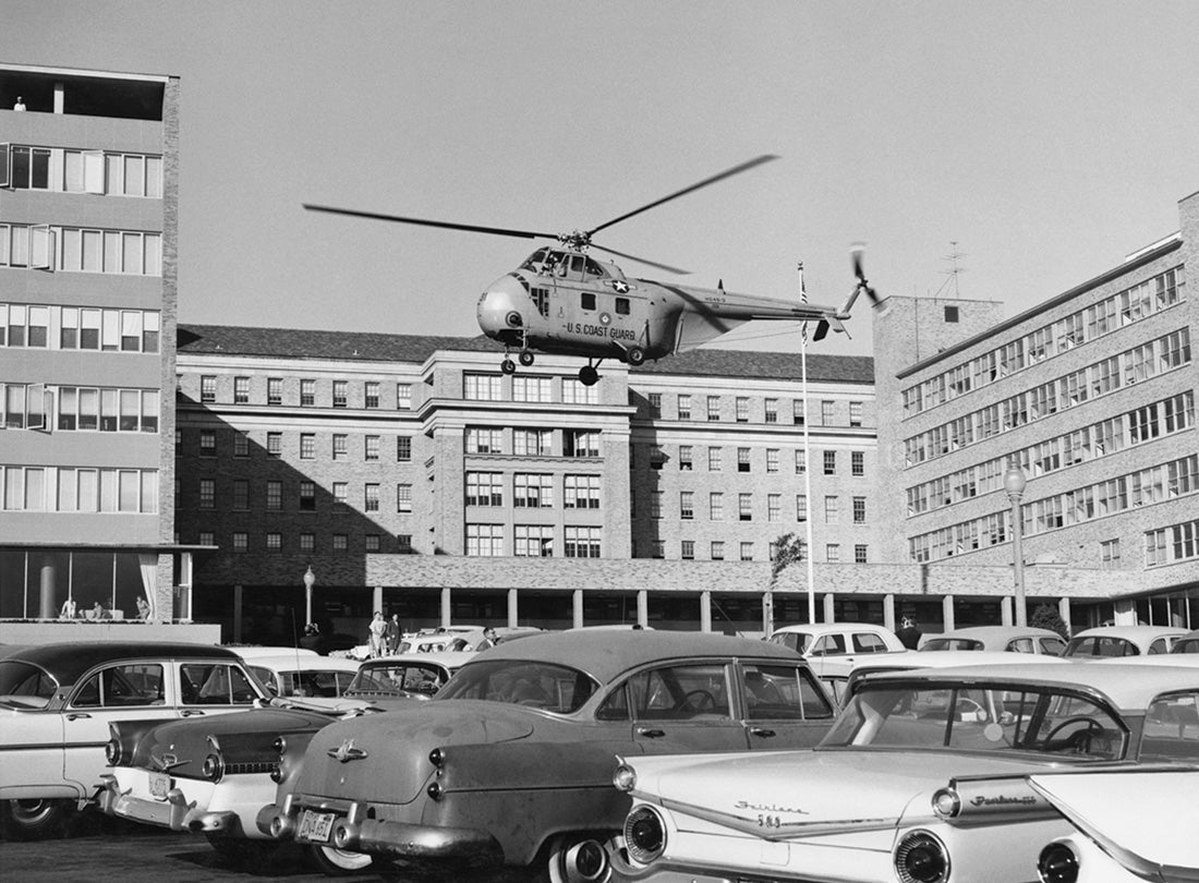 Sikorsky HO4S-3G helicopter hovers over the parking lot of the Public Health Service Hospital, Presidio of San Francisco  c. 1958