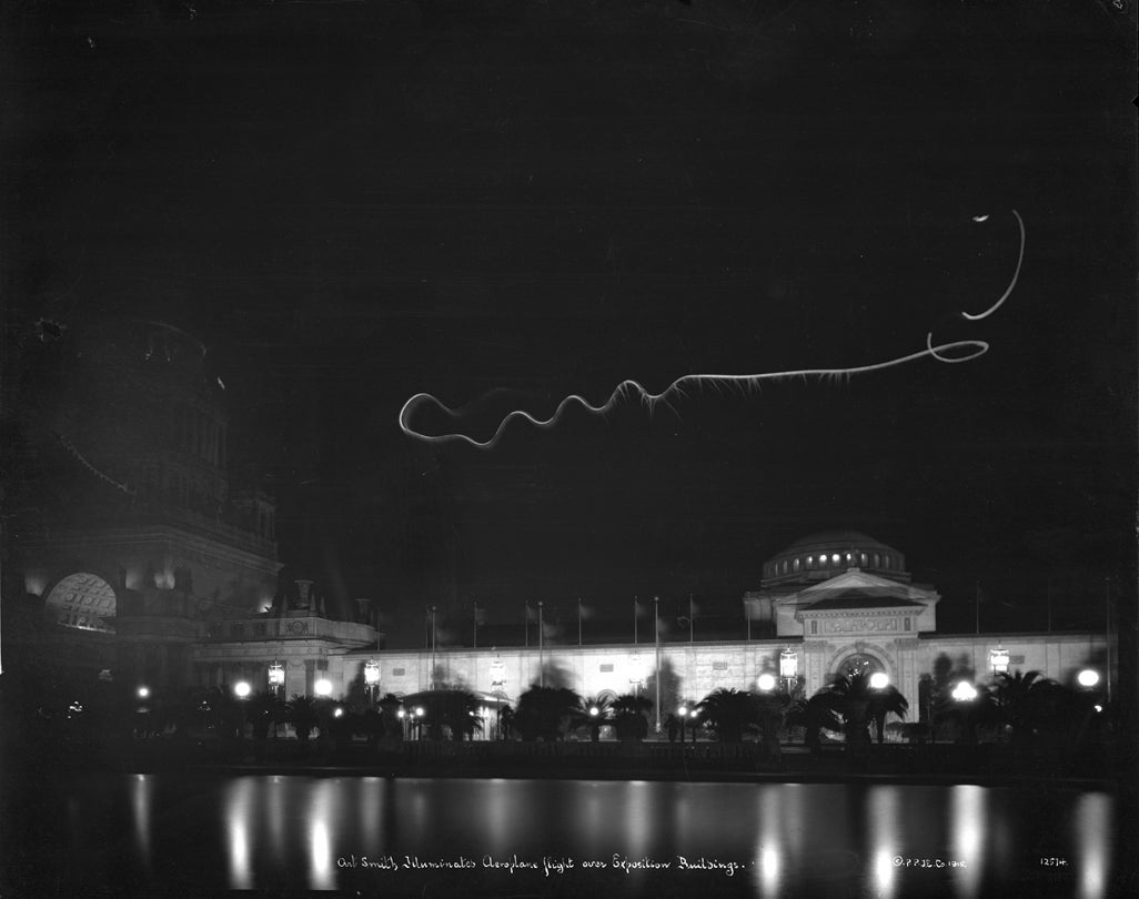 Art Smith performing an illuminated night flight at the Panama-Pacific International Exposition, San Francisco  1915