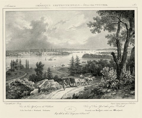  “View of New York taken from Weahawk”  Isidore-Laurent Deroy after a drawing by Jacques-Gérard Milbert Picturesque Itinerary of the Hudson River and the Peripheral Parts of North America (1828–29) Jacques-Gérard Milbert (1776–1840) published in the United States by Gregg Press, Ridgewood, New Jersey (1968) R2019.0308.001
