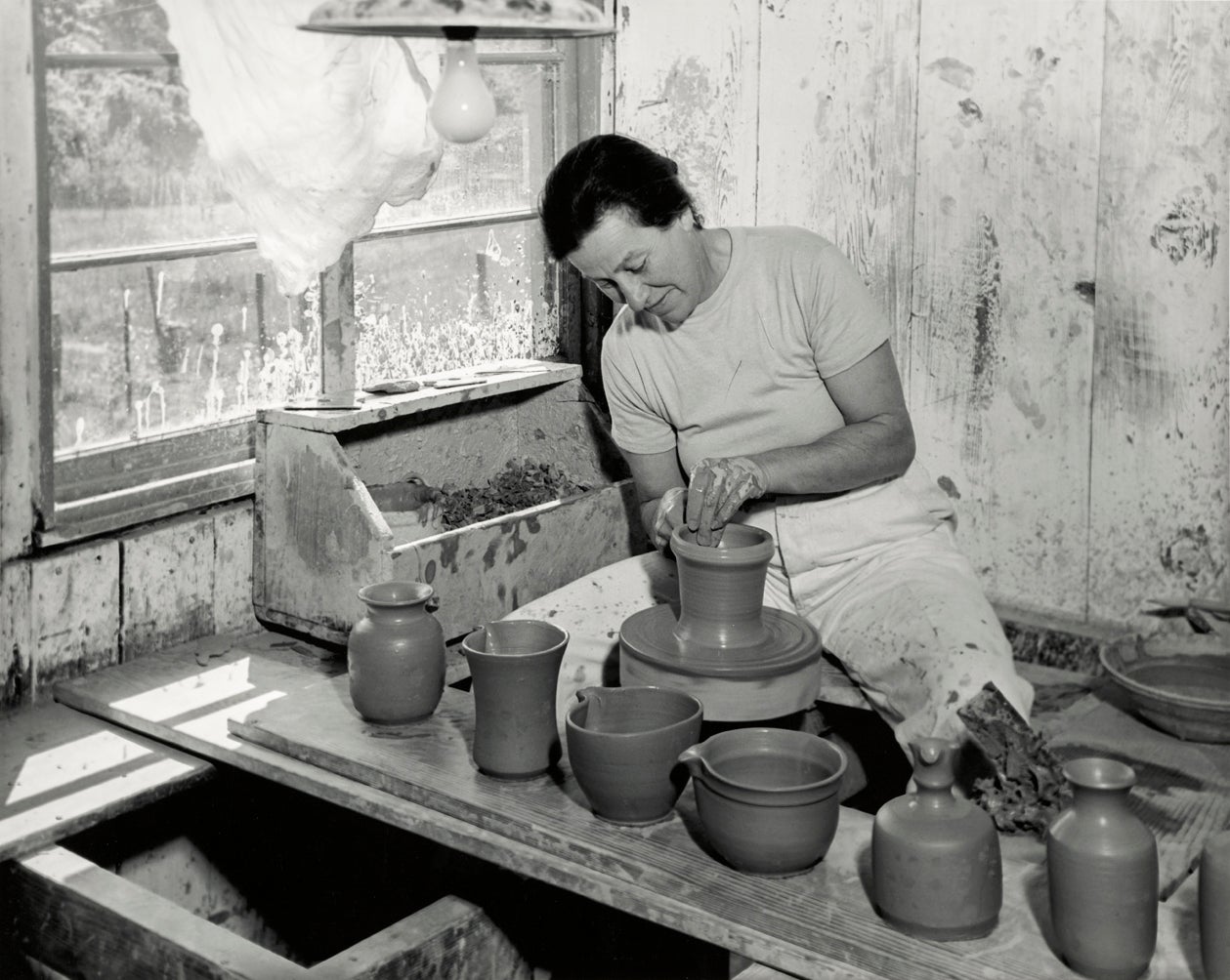 Marguerite Wildenhain working in her studio  c. 1950 Guerneville, California Courtesy of Archives of American Art, Smithsonian Institution R2022.0605.001