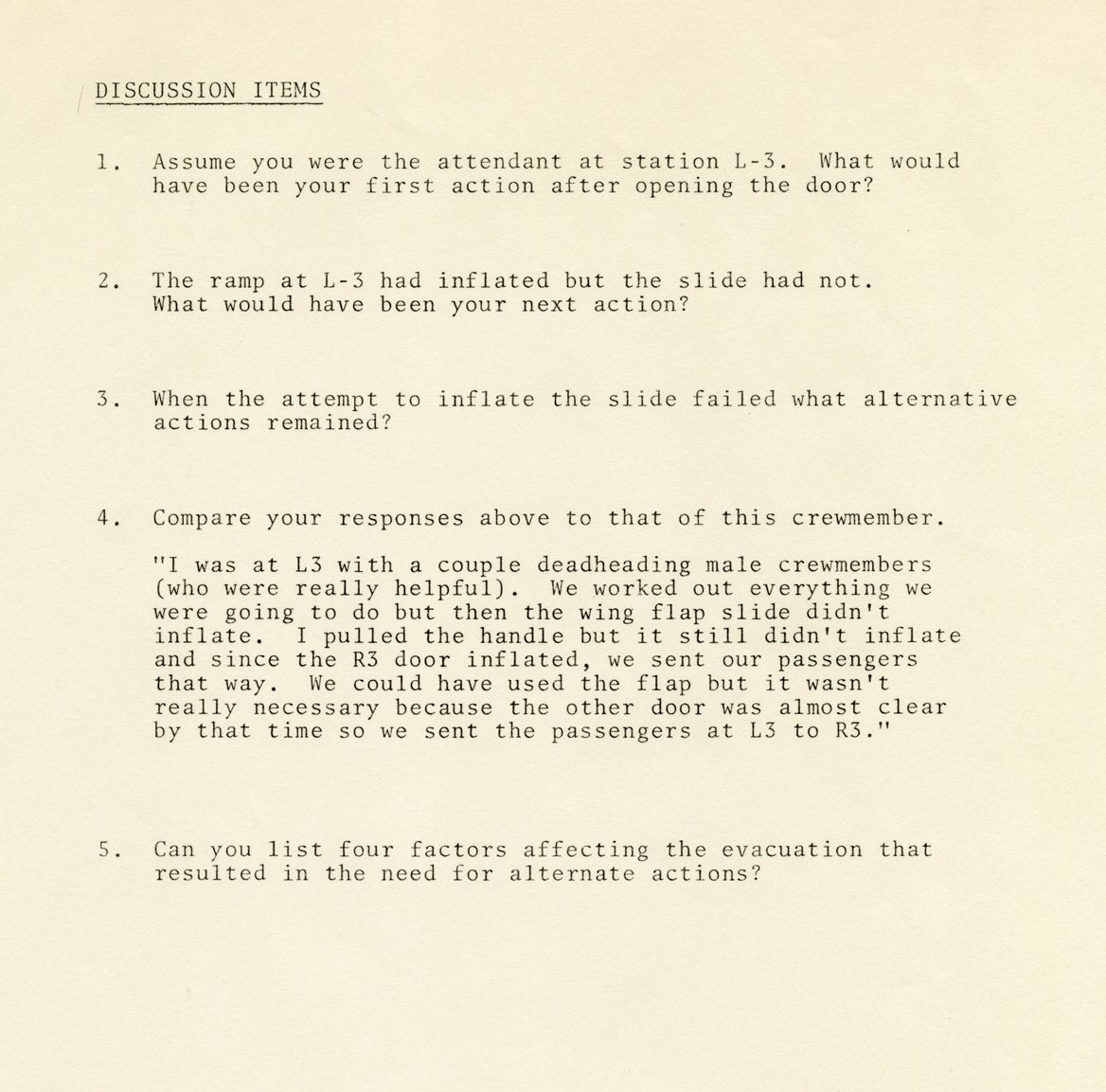 Section from flight service training document, evacuation phase  1971