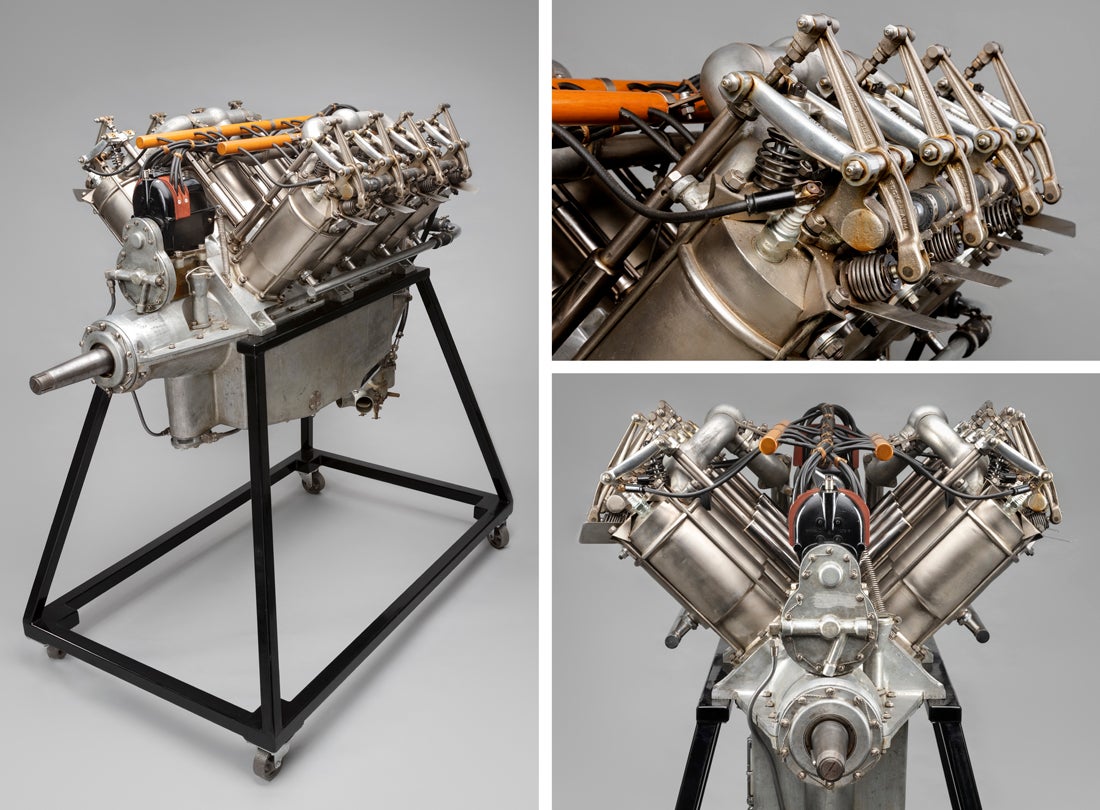 Curtiss OXX-6 V-8 aircraft engine  c. 1917 aluminum, steel, rubber Courtesy of the Frederick W. Patterson III Collection L2020.2401.001