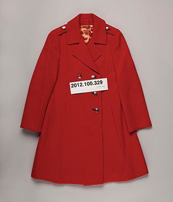 A “shoot tag” image precedes the studio shot to identify the object, a United Air Lines Hawaiian Sunset flight attendant coat from 1968