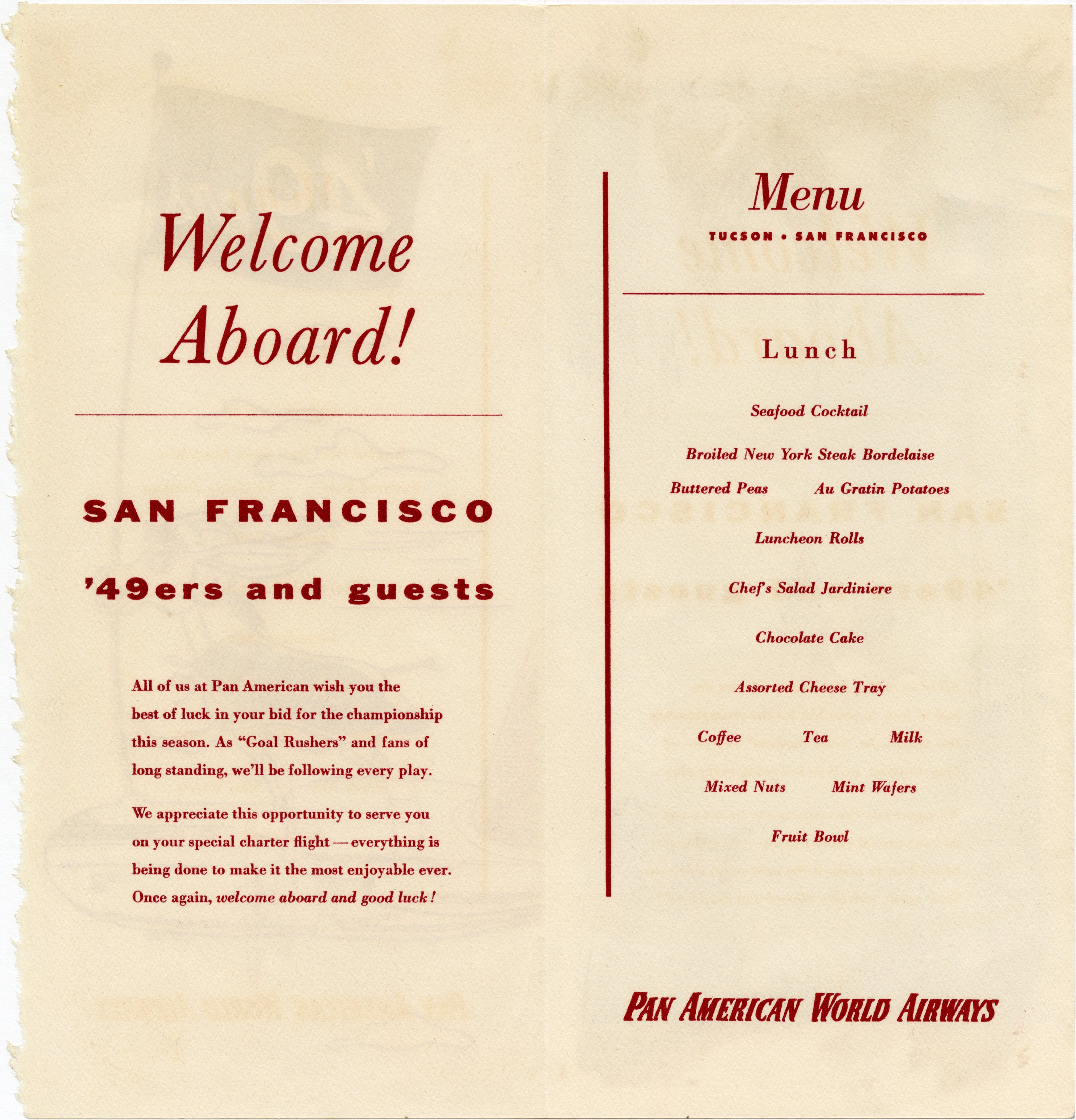 Interior Pan American World Airways charter flight menu