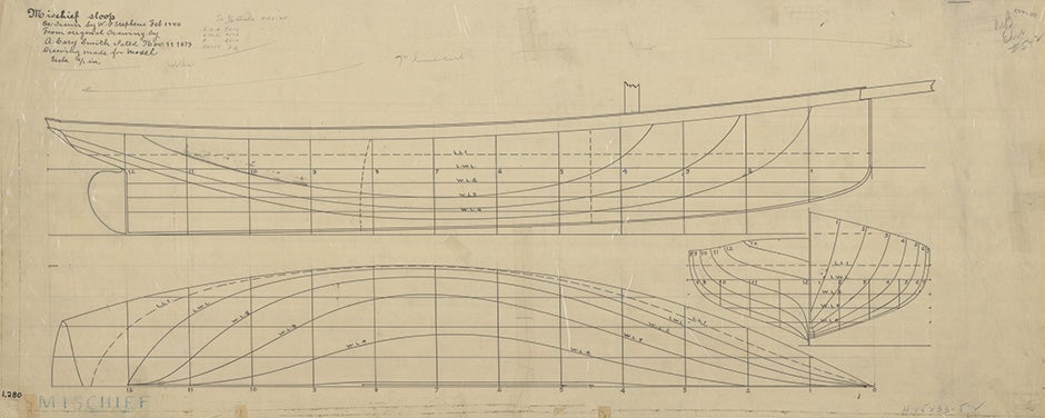Hull line drawing from ships plans for yacht Mischief  1881