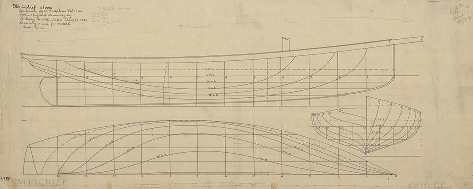 Hull line drawing from ships plans for yacht Mischief  1881
