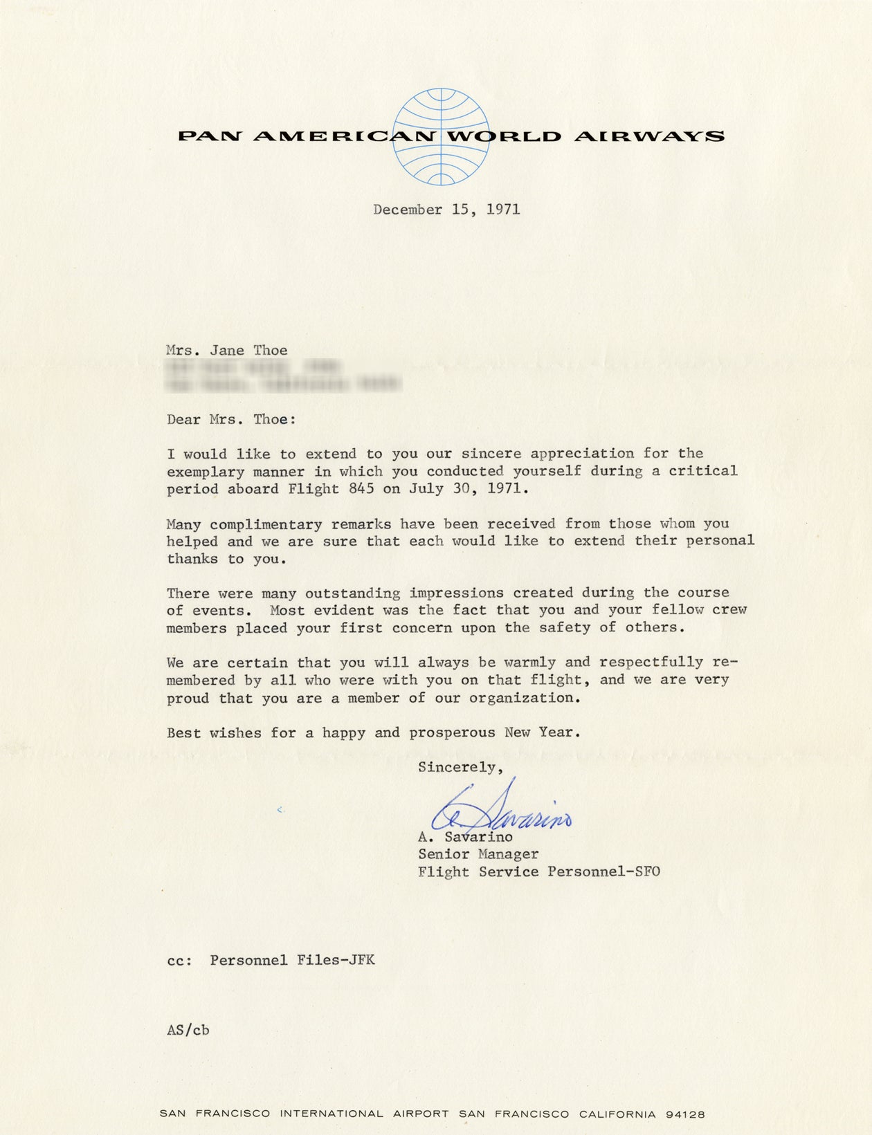Commendation letter addressed to Jane Thoe from Alfonso Savarino, senior manager of flight service personnel–SFO  December 15, 1971