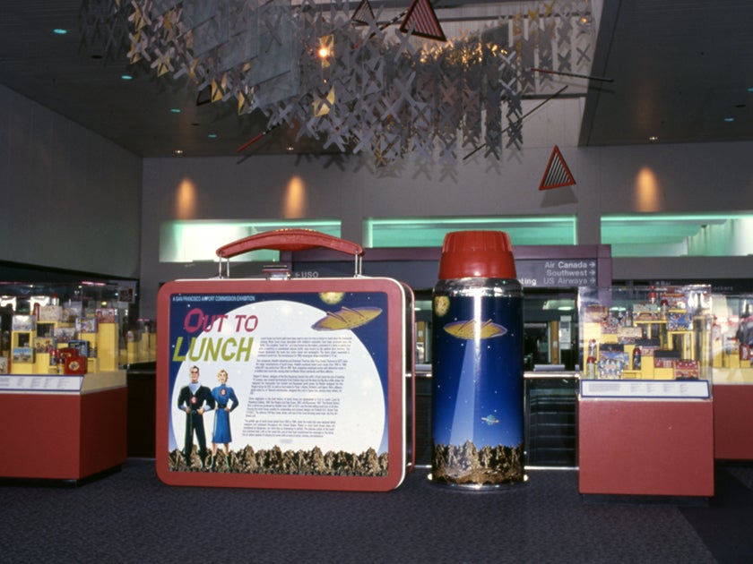 Temporary exhibitions at San Francisco International Airport (SFO): Out to Lunch (left) and Journey into the Spirit of Percussion  2000