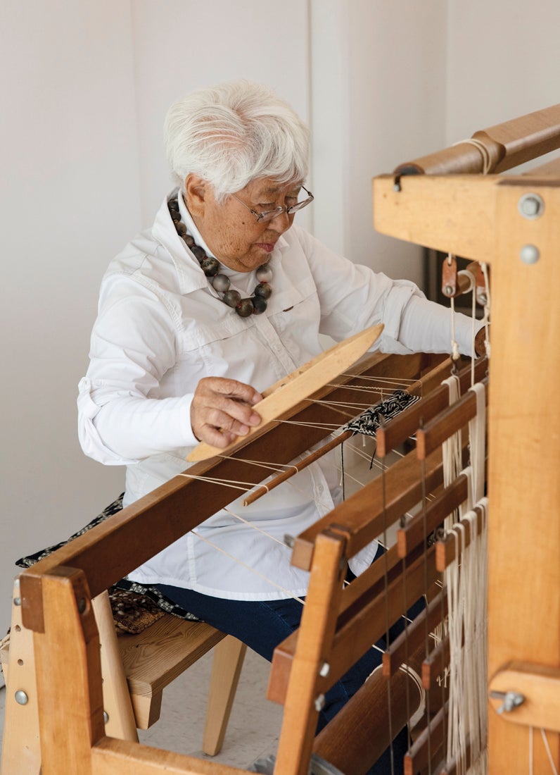 Kay Sekimachi at the loom in her studio  May 25, 2023
