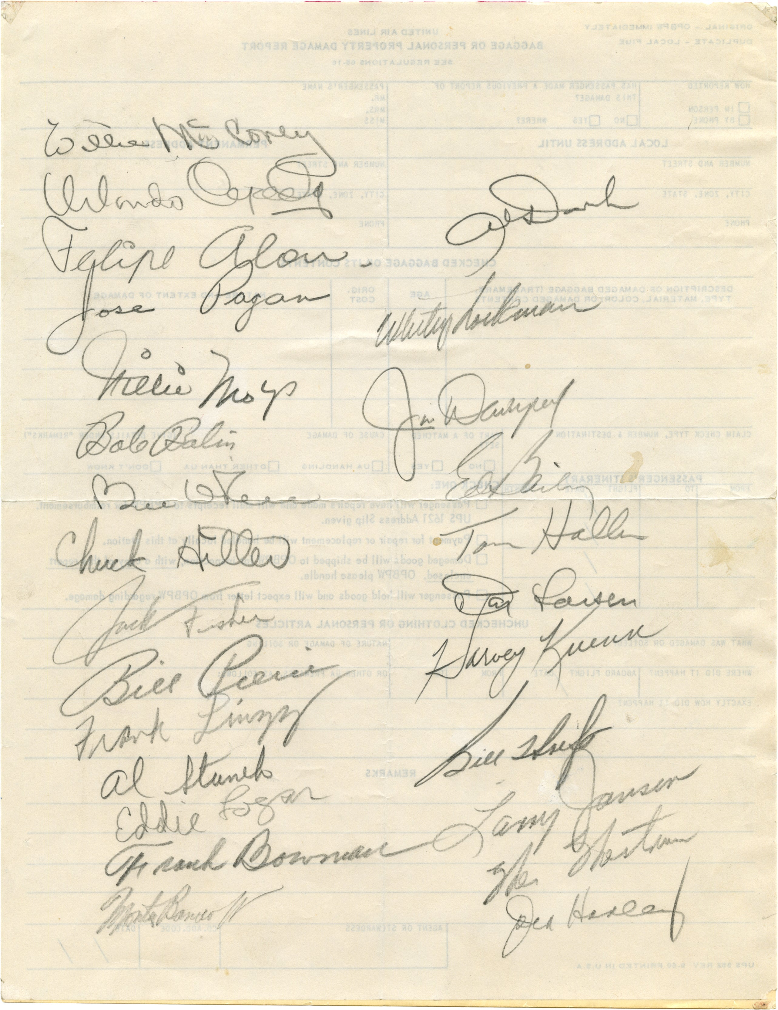 Reverse side of United Air Lines baggage damage report form autographed by San Francisco Giants team members