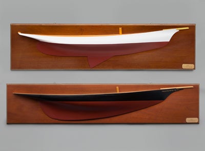 Half-hull models for defender Volunteer and challenger Thistle  n. d. Sonny Hodgdon  (b. 1922) wood, paint, brass Collection of Herreshoff Marine Museum/America’s Cup Hall of Fame L2013.1802.031, .032