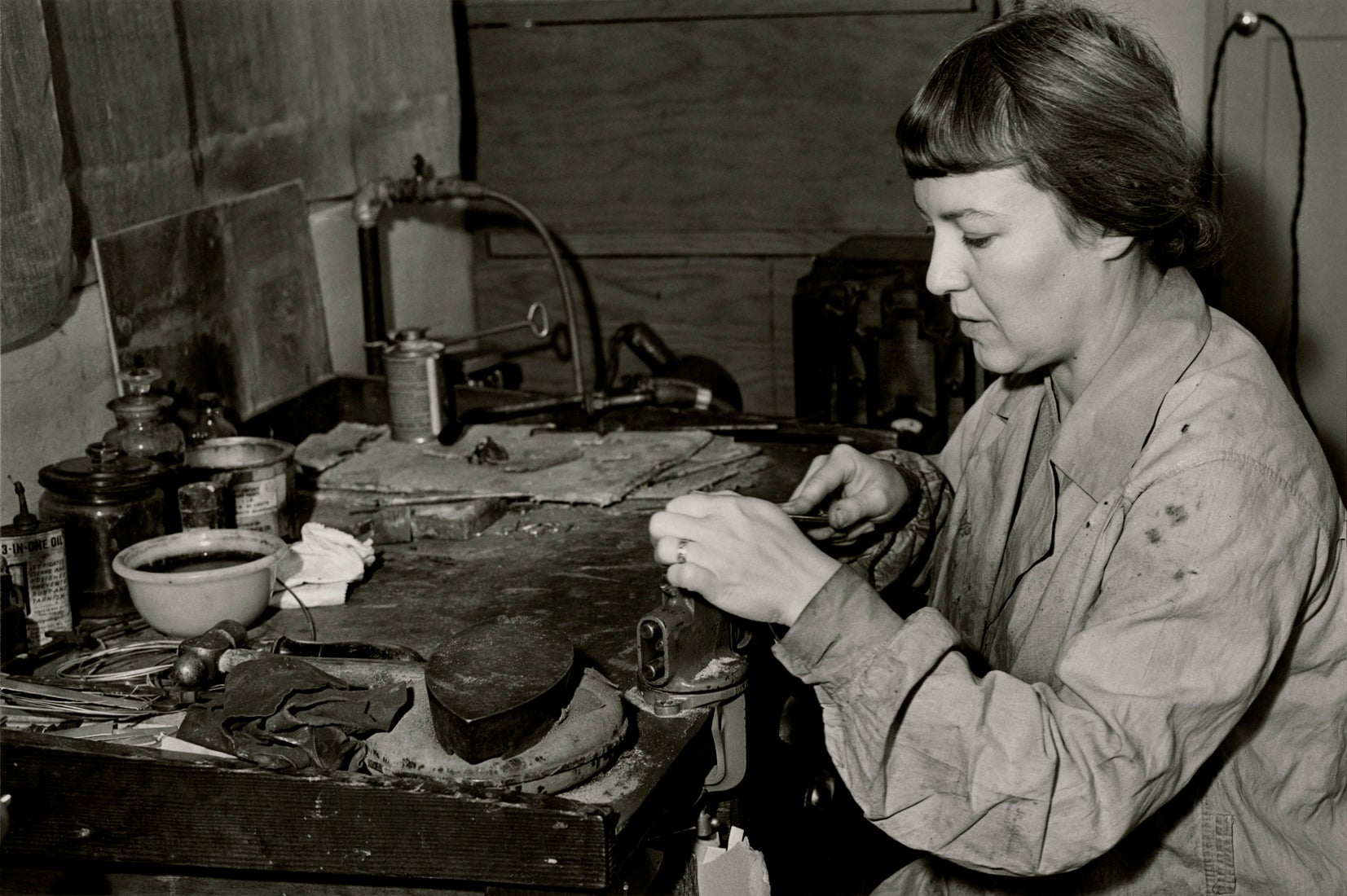 Margaret De Patta at her workbench  November 1937 Courtesy of San Francisco History Center, San Francisco Public Library MOR–0929 R2022.0606.003