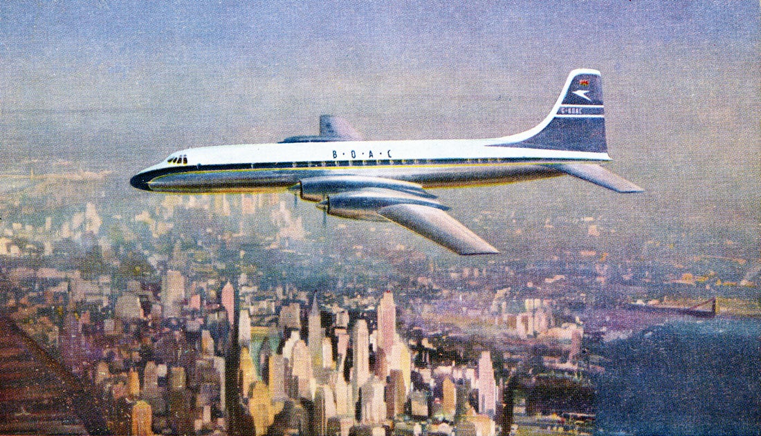 BOAC Bristol Britannia 300 over Lower Manhattan, New York City postcard 