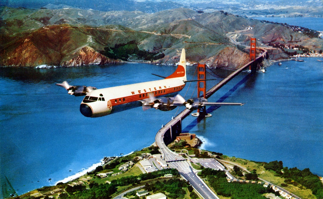 Western Airlines Lockheed L-188 Electra over the Golden Gate Bridge, San Francisco, postcard 