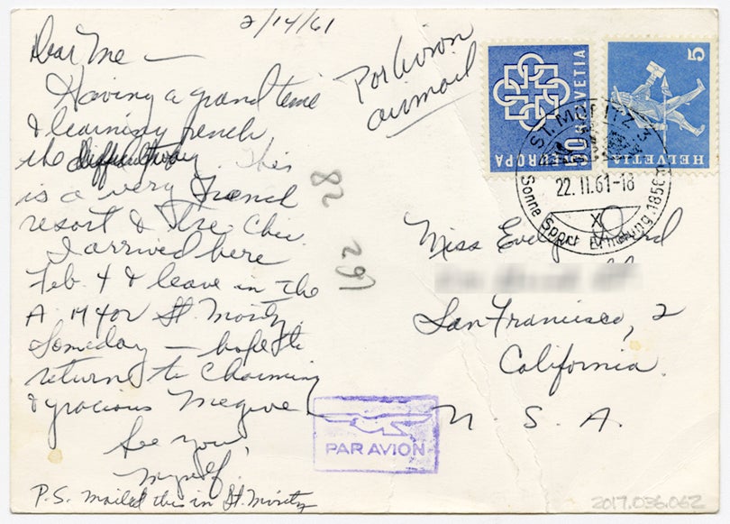 Megève, France, postmarked St. Moritz, Switzerland  February 14, 1961