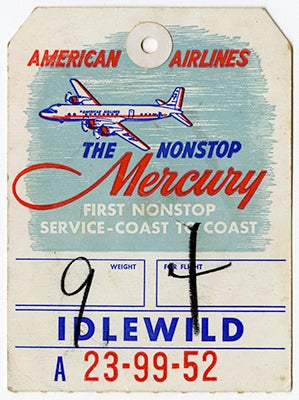 American Airlines Mercury Service baggage destination tag  1950s