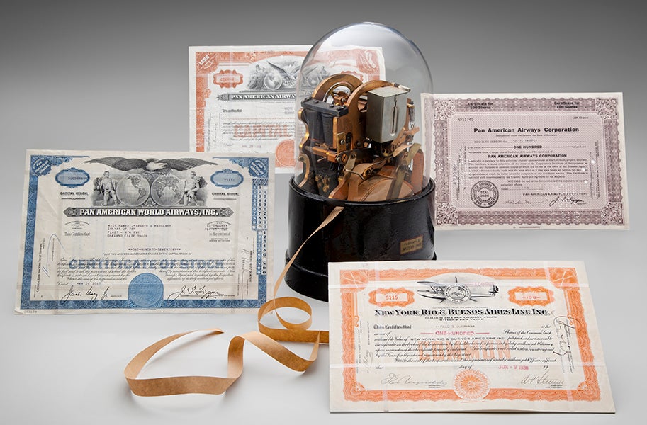 Airline stock certificates 1920s–30s, SFO Museum, gift of Jon E. Krupnick Western Union stock ticker tape machine c. 1903, courtesy of the Museum of American Finance