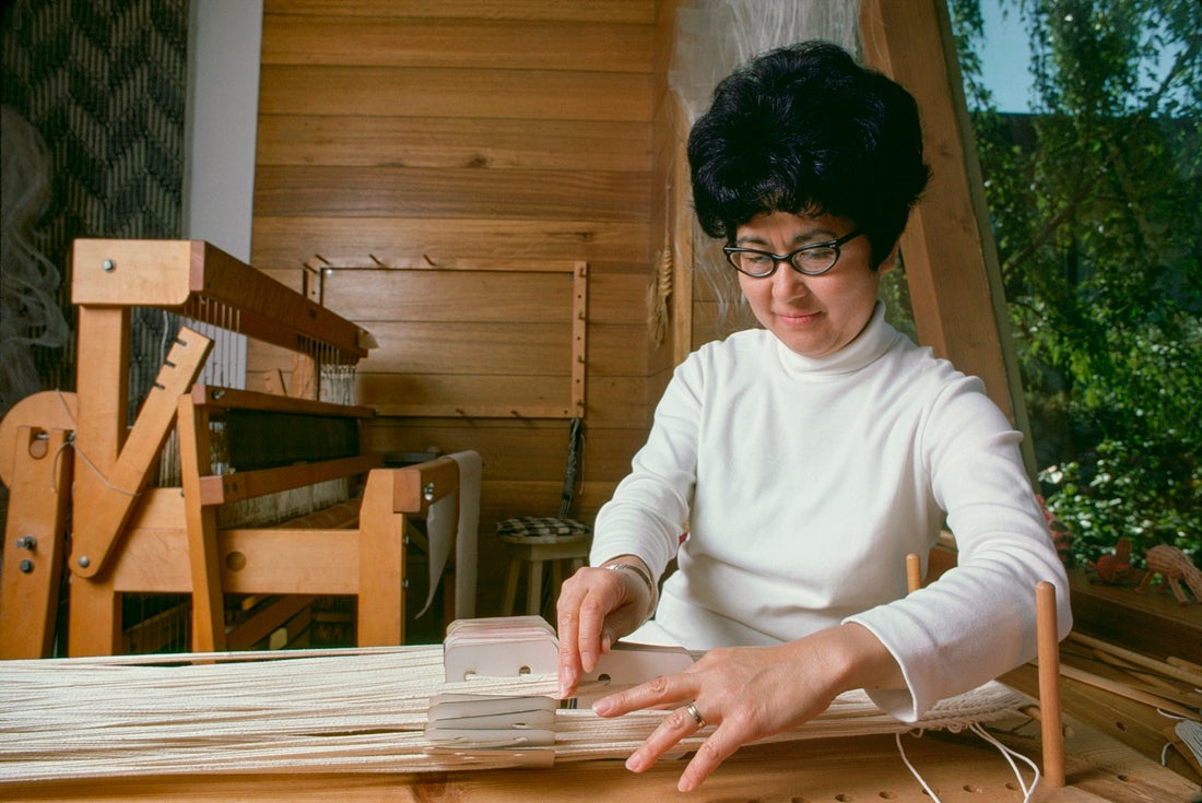 Kay Sekimachi card weaving in her studio  May 1974 Berkeley, California  Courtesy of Kay Sekimachi  R2023.1102.004