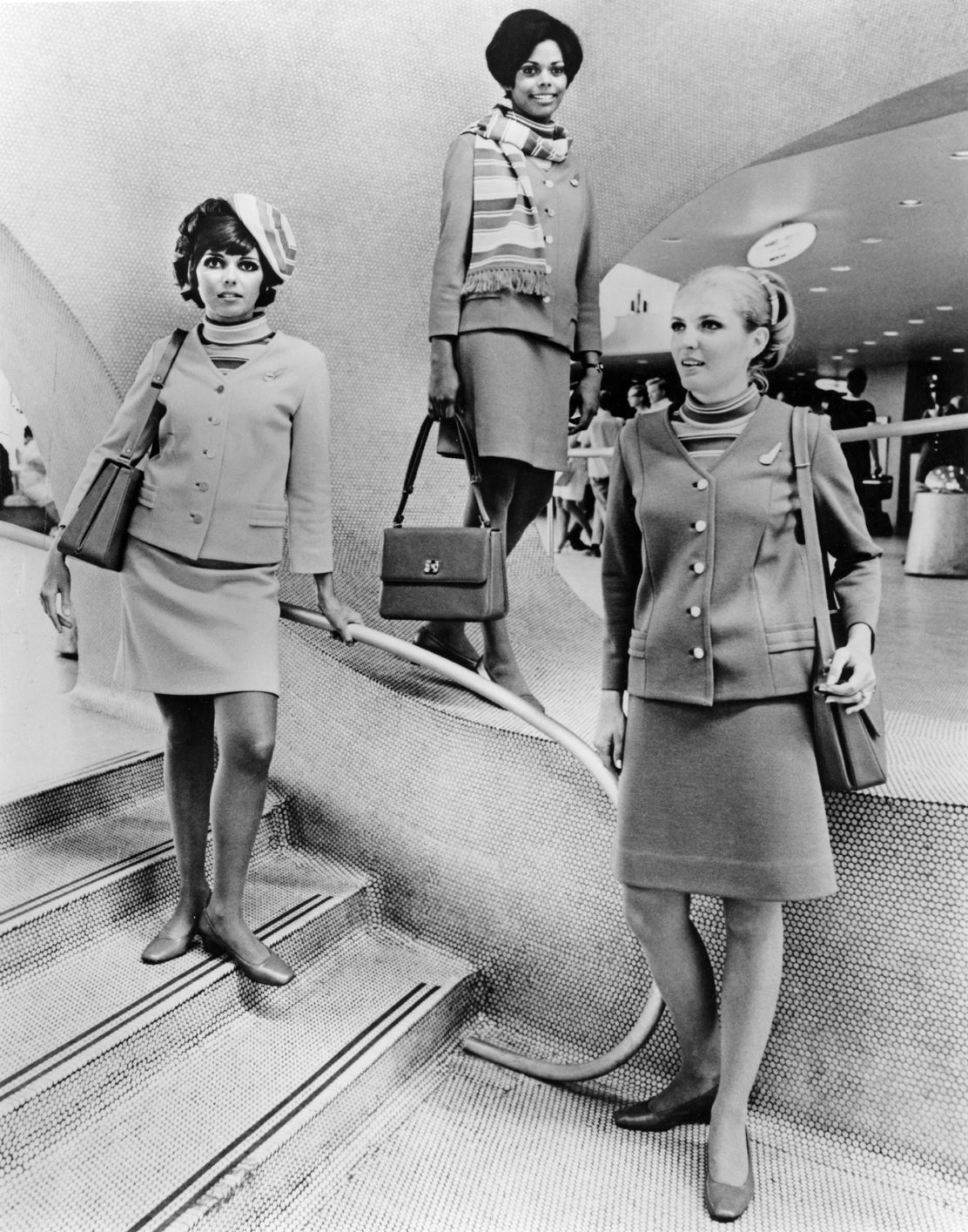 Trans World Airlines (TWA) hostesses at John F. Kennedy International Airport (JFK) wearing Dalton winter uniforms  1968