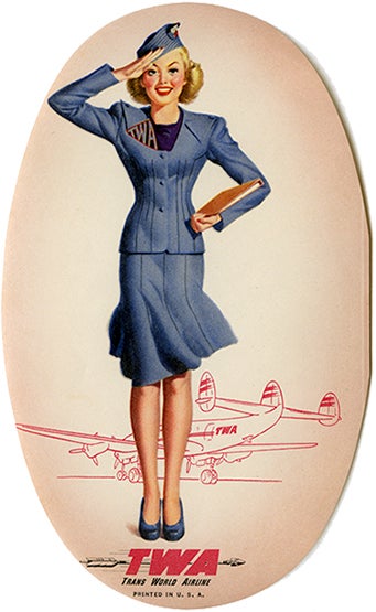 TWA (Trans World Airline) air hostess and Lockheed Constellation luggage label c. 1948