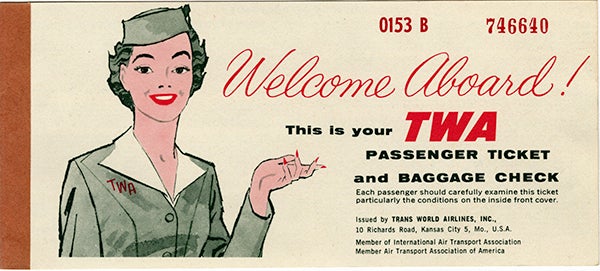 TWA (Trans World Airlines) ticket  1957