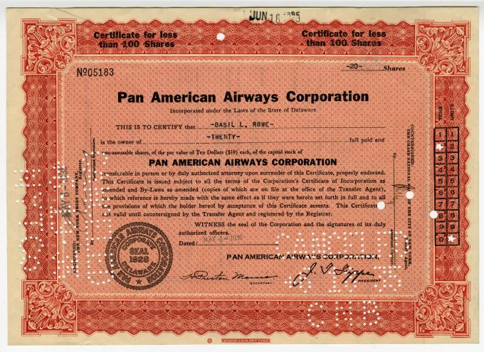2 Pan American World Airways Stock Certificates Red 100 & Brown Less Than 1960's