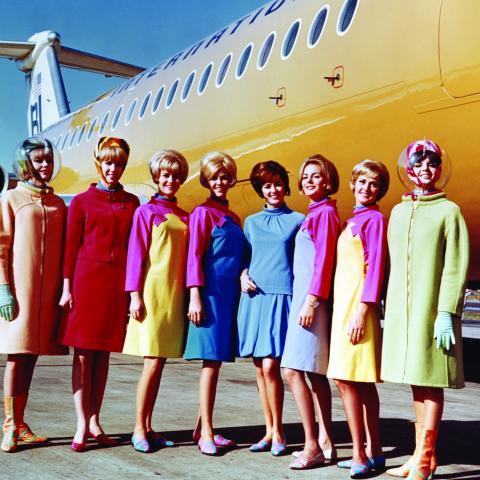 Braniff International Airways hostesses in uniforms by Emilio Pucci