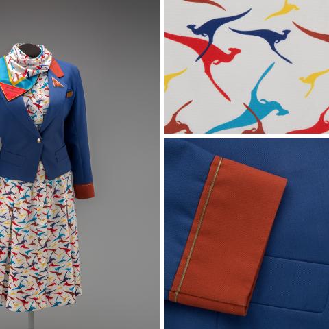 Qantas Airways female flight attendant uniform by Yves Saint Laurent